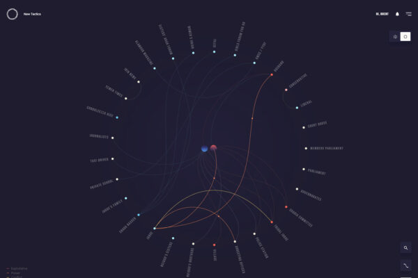 A screenshot of the chord diagram from the Tactical Mapping tool, which maps relationships amongst human rights actors.