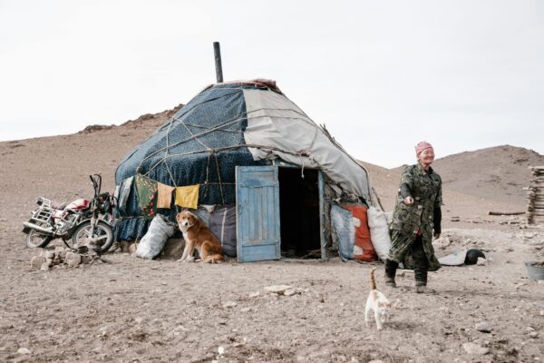 Senior Mongolian woman pointing at cat walking near home